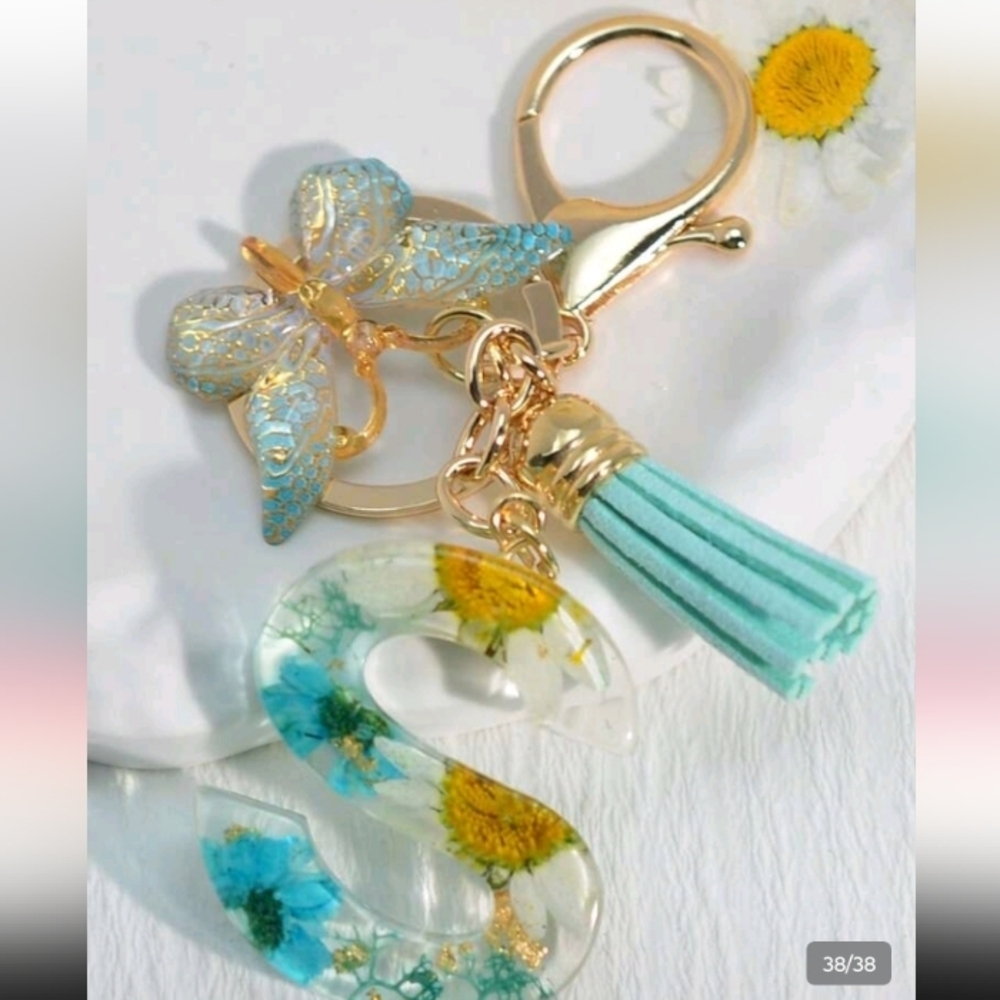 Initial S Turquoise Gold Floral Butterfly Tassel Resin Keychain Bag Accessory